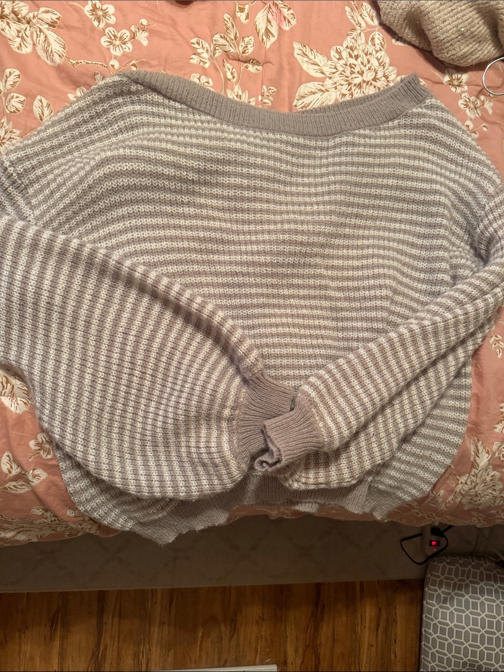 SHEIN Off-the-Shoulder Striped Sweater in Gray & White